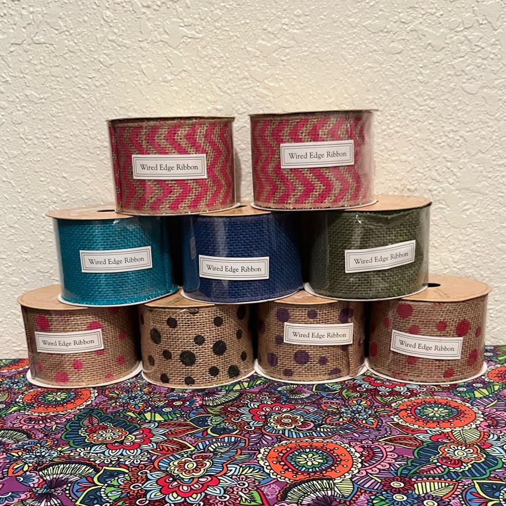 Assortment of 9 ribbons, all new in their plastic packaging, all Hobby Lobby.
